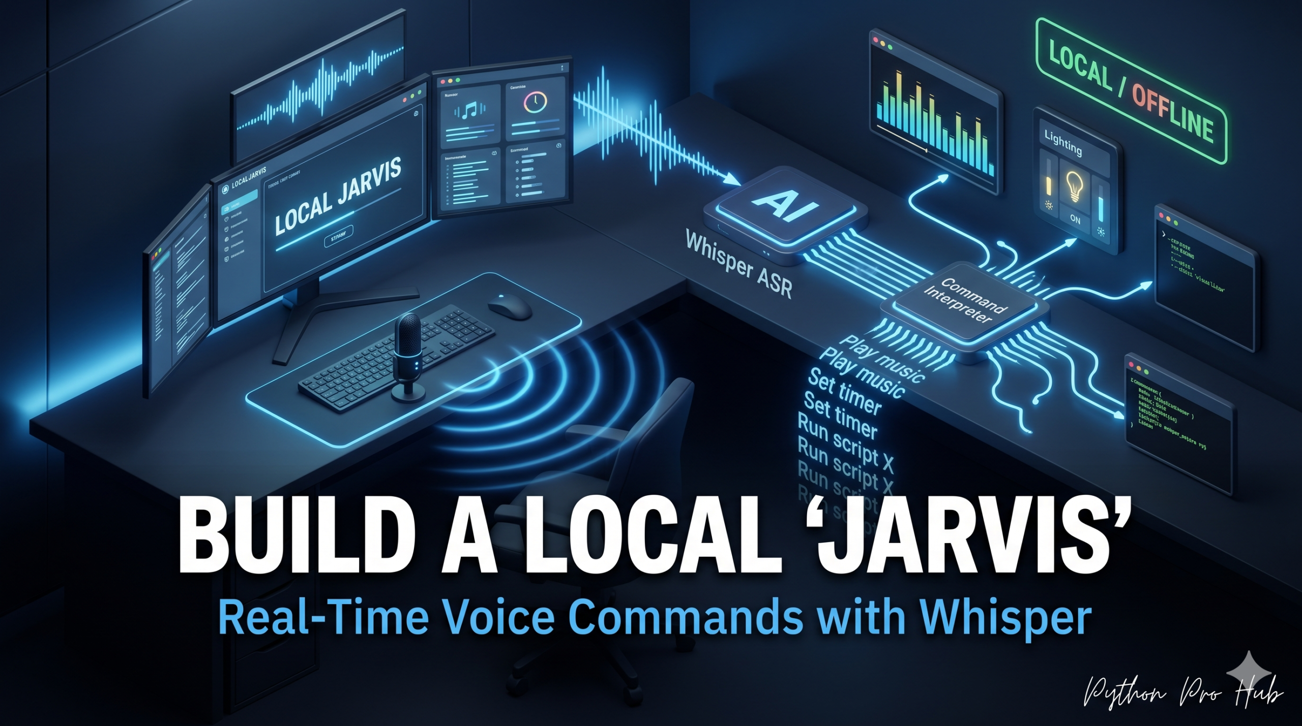 3D isometric illustration of a user speaking towards a microphone, with glowing audio waves being transcribed in real-time by a local Whisper AI module into commands that control a desktop environment, symbolizing a local Jarvis byPython Voice Assistant.