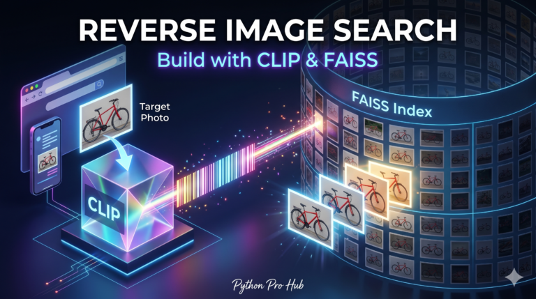 3D isometric illustration of a target photo being converted into a vector laser by a CLIP prism to instantly retrieve similar images from a massive FAISS index grid.