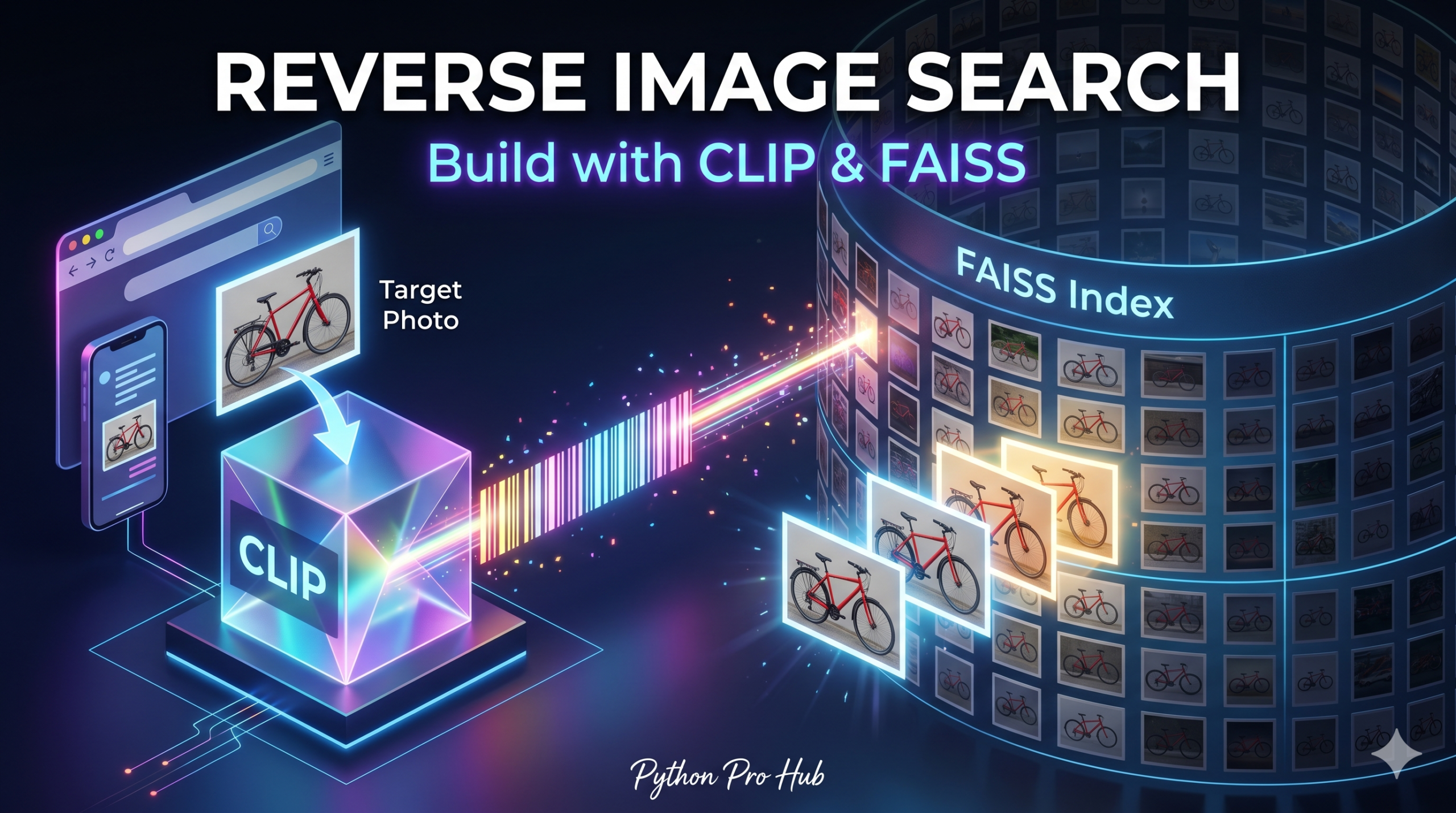 3D isometric illustration of a target photo being converted into a vector laser by a CLIP prism to instantly retrieve similar images from a massive FAISS index grid.