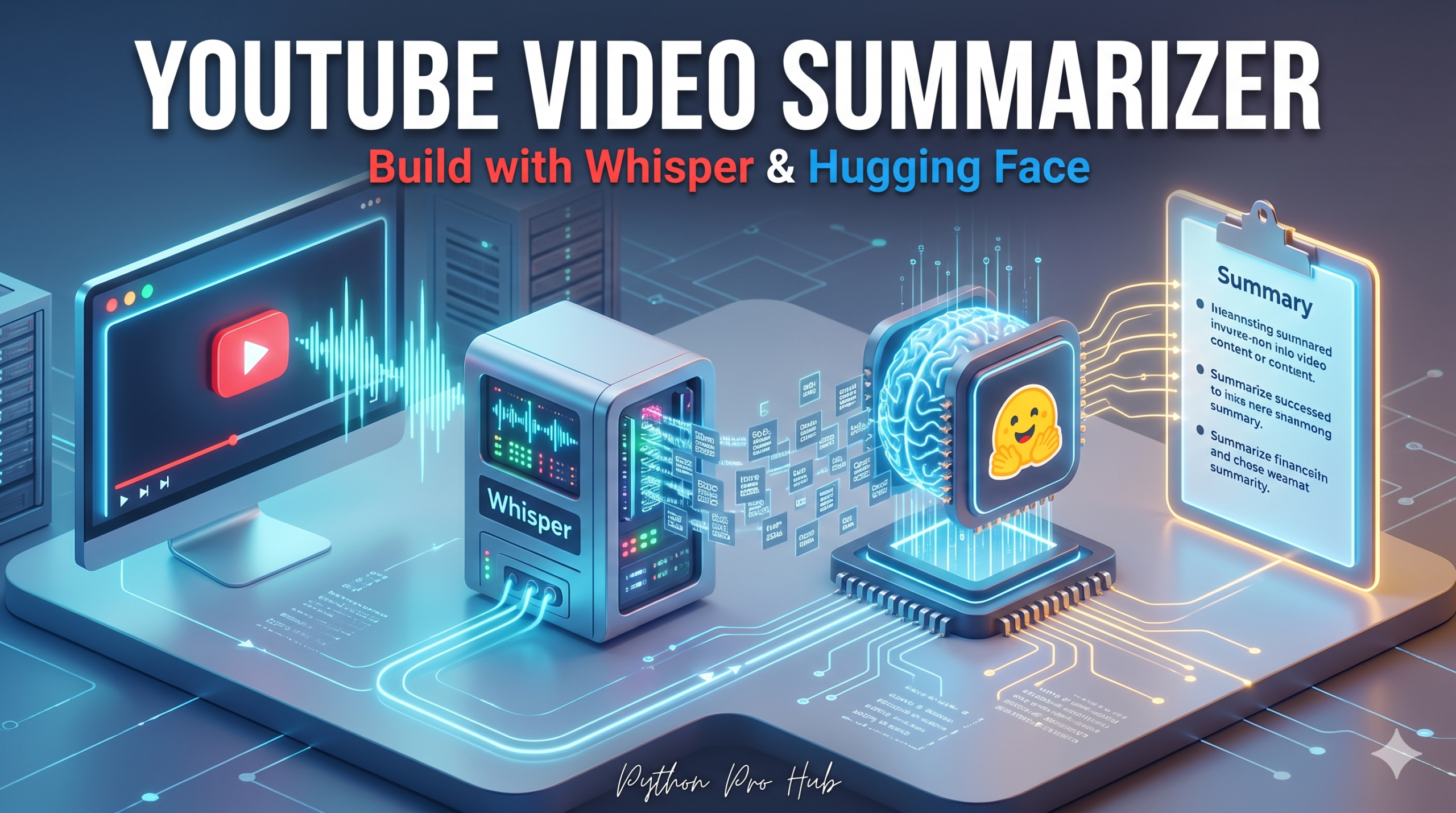 3D isometric illustration of a video player sending audio waves through a Whisper AI module and a Hugging Face processor to generate a concise summary document.