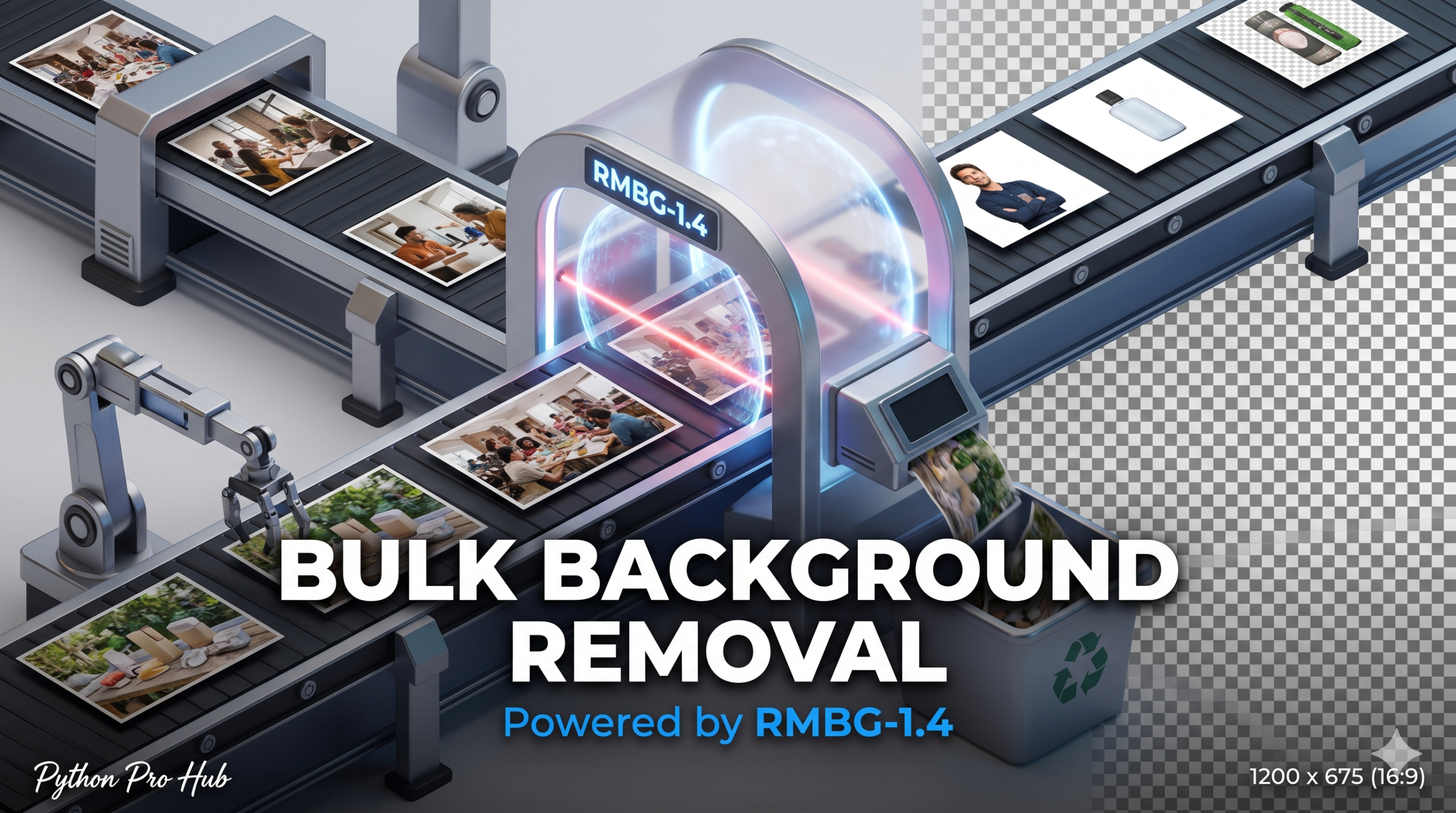 3D isometric illustration of a conveyor belt feeding cluttered photographs through a glowing archway that strips the backgrounds, leaving perfectly isolated subjects on a transparent checkerboard.