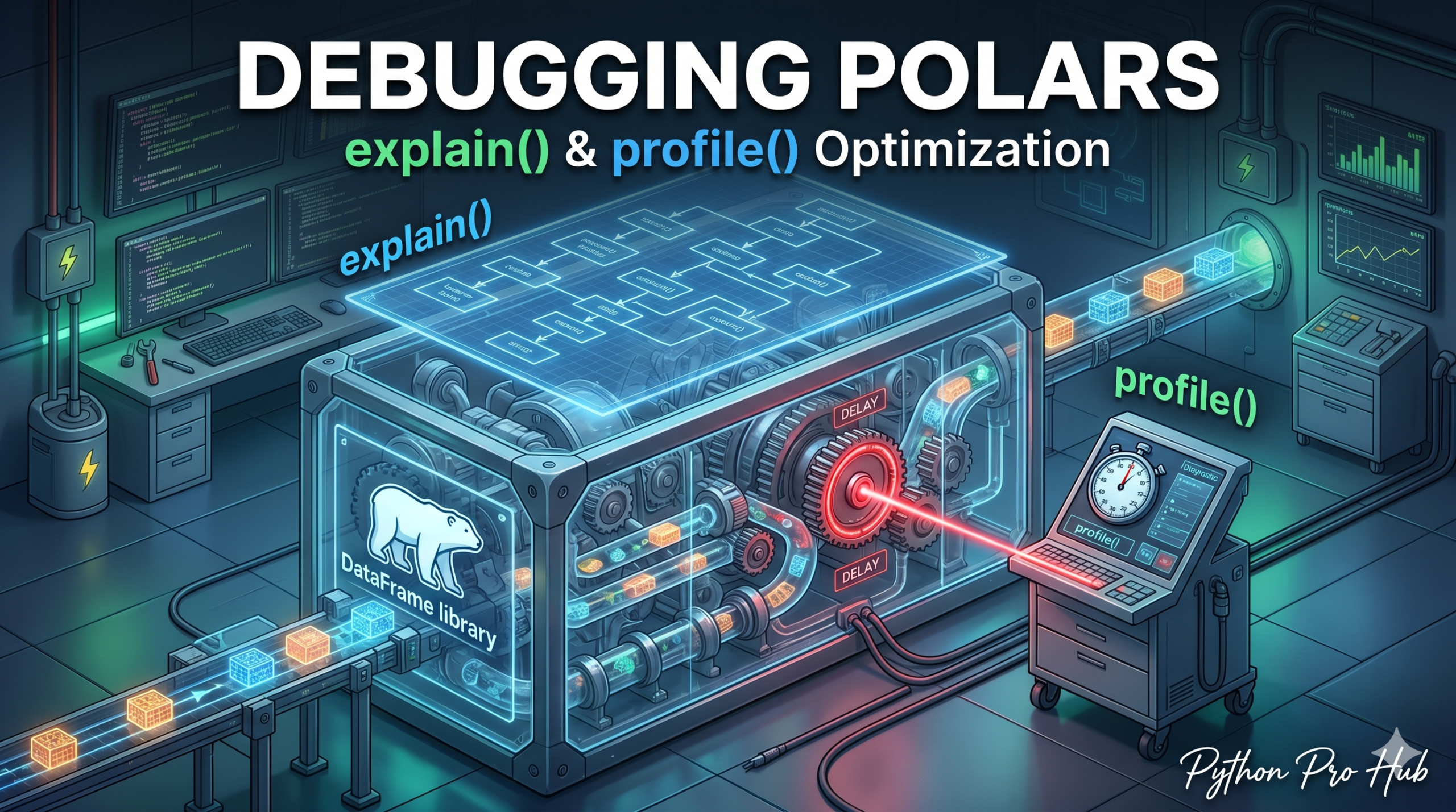 3D isometric illustration of a Polars data engine being analyzed by a glowing explain() blueprint and a profile() stopwatch identifying a bottleneck in the pipeline.