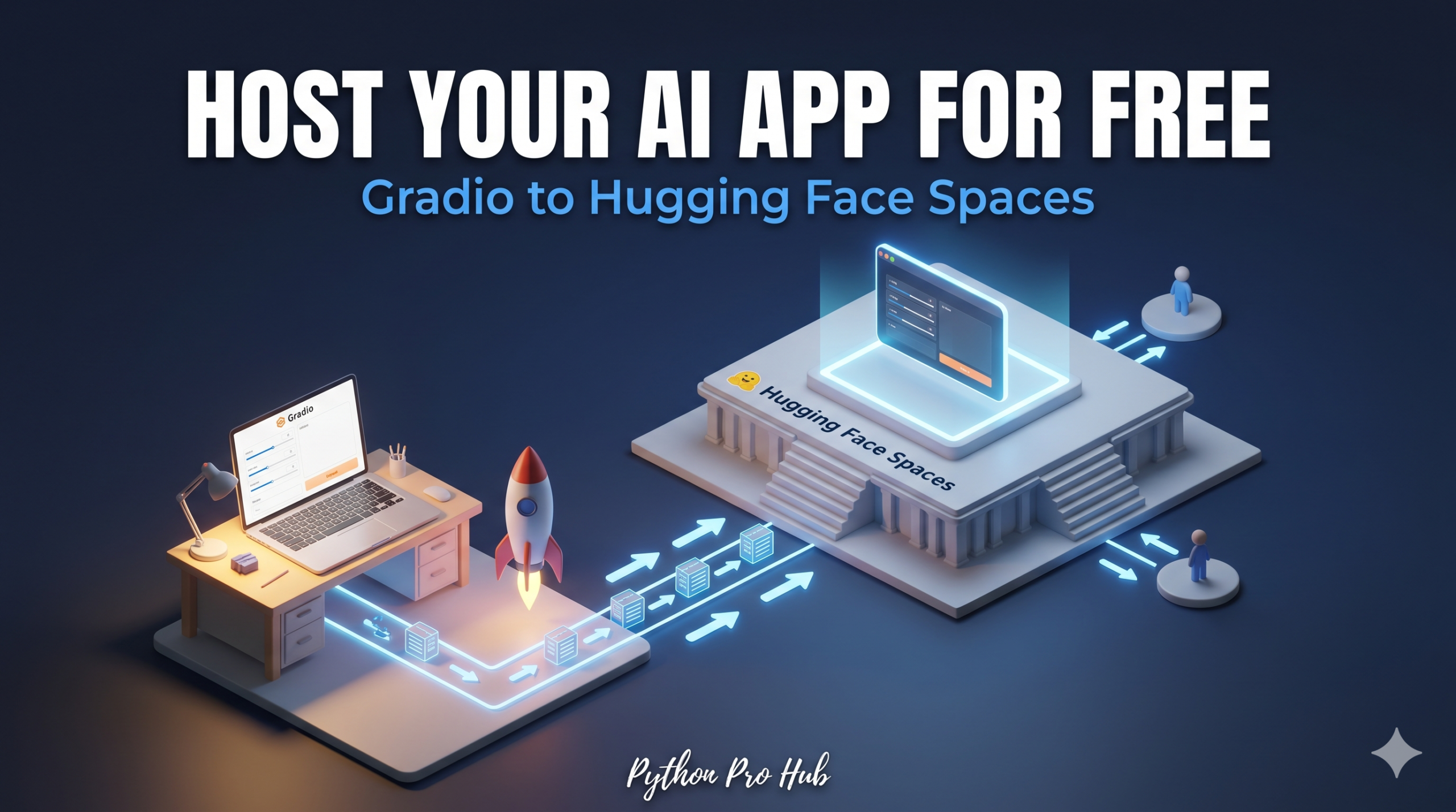 3D isometric illustration of a small Gradio app being deployed via a rocket path to the Hugging Face Spaces cloud platform, symbolizing free hosting.