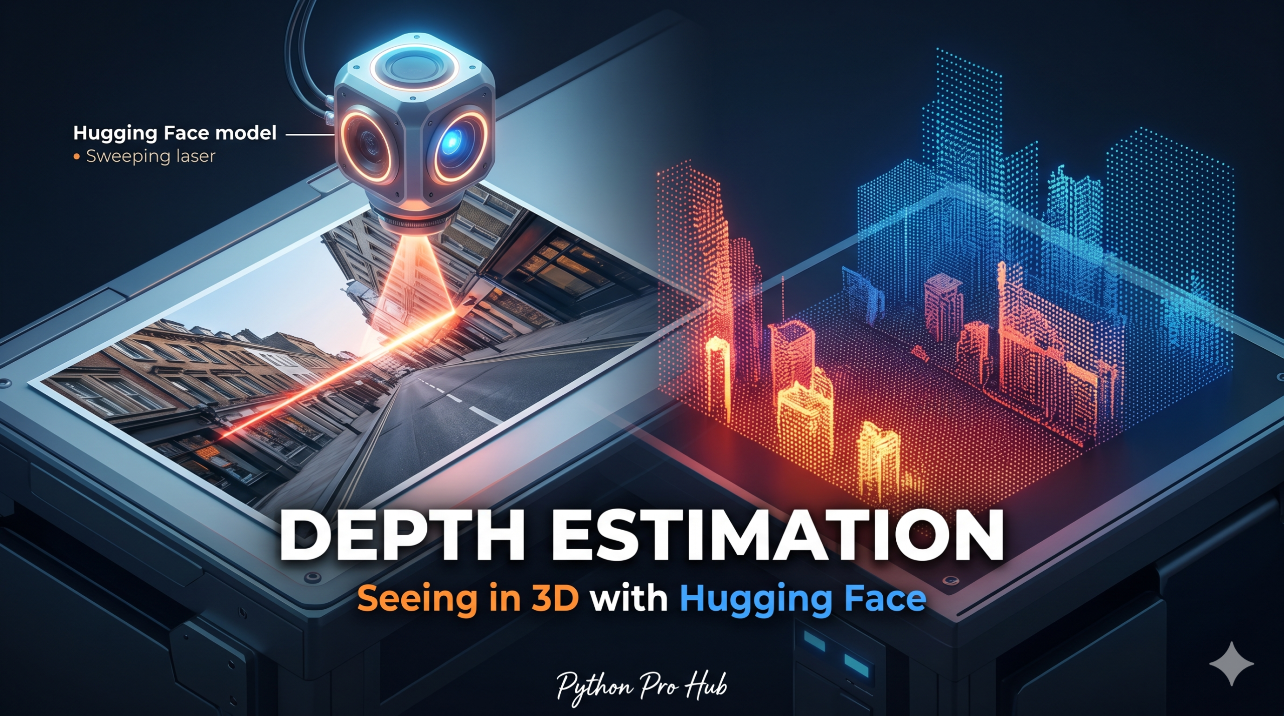 3D isometric illustration of a laser scanner transforming a flat 2D photograph into a 3D topographic depth map, symbolizing computer vision depth estimation.