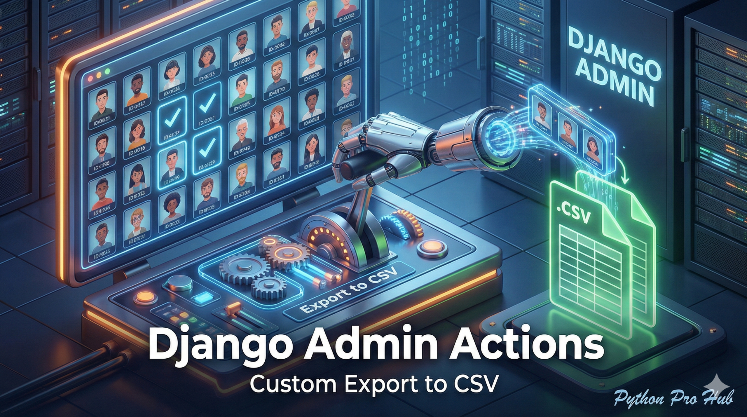 3D visualization of a custom lever on a dashboard converting selected user records into a CSV file, representing Django Admin actions.