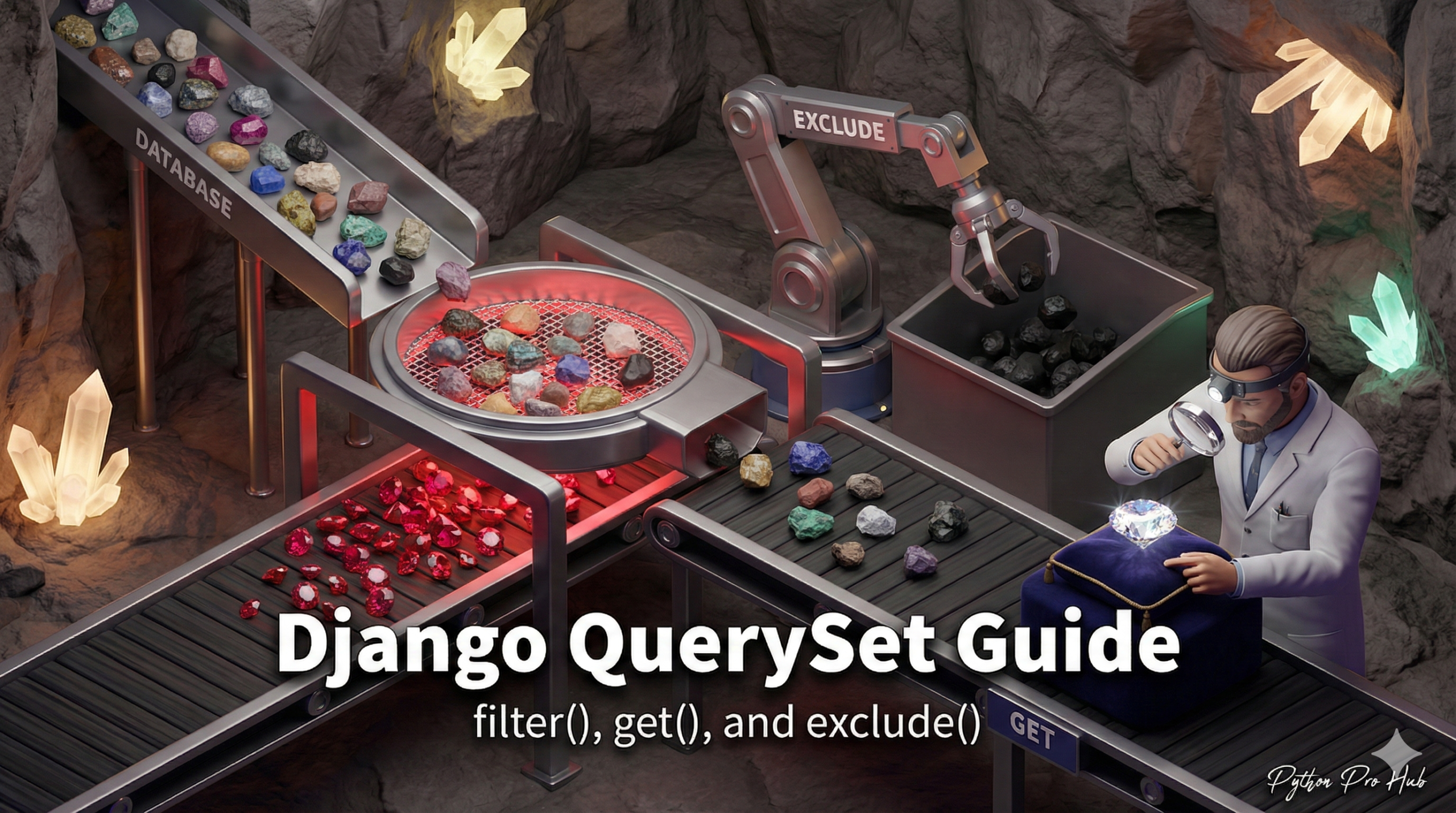 3D visualization of a gem sorting line showing a sieve (filter), a rejector arm (exclude), and a jeweler (get), representing Django QuerySets.