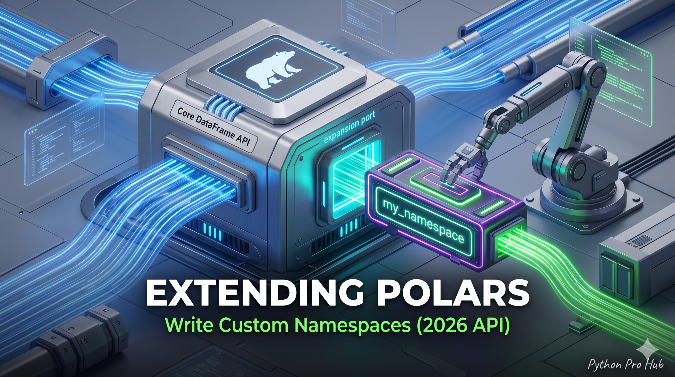 3D isometric illustration of a custom modular cartridge being plugged into the core Polars data engine, enabling new specialized data pipelines and custom namespaces.