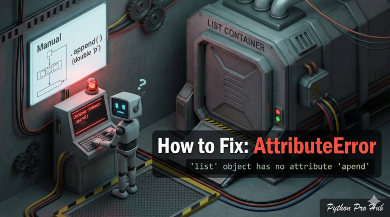 3D illustration of a robot getting an error after typing 'apend' instead of 'append' into a terminal, representing the typo attribute error.