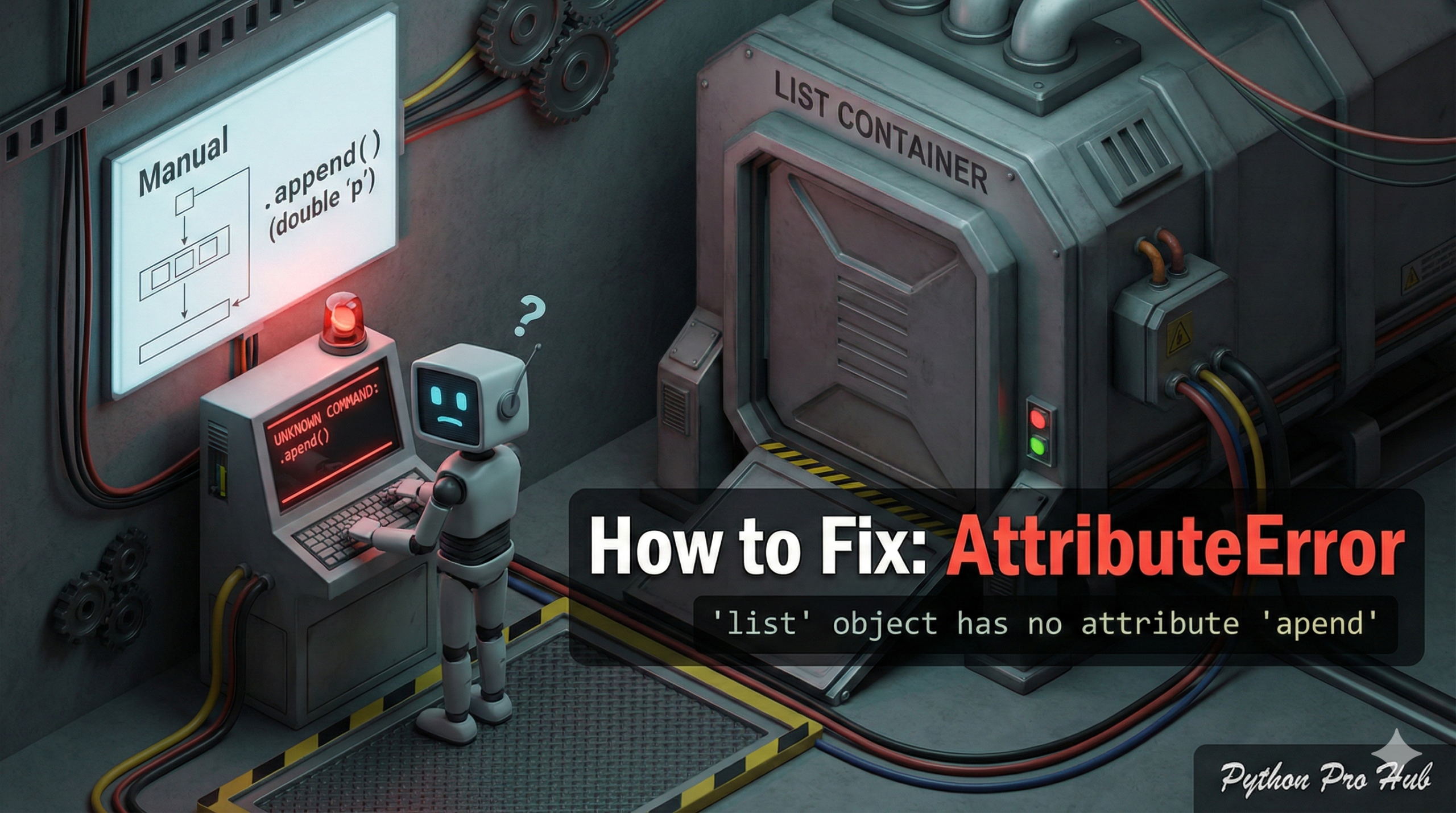 3D illustration of a robot getting an error after typing 'apend' instead of 'append' into a terminal, representing the typo attribute error.