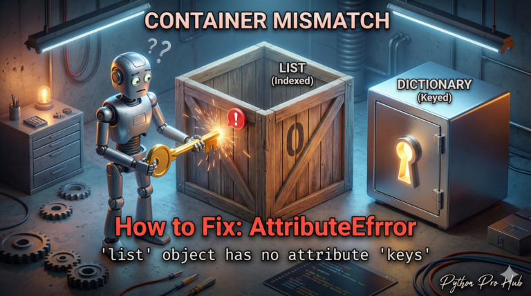3D illustration of a robot trying to use a key on a wooden crate instead of a safe, representing the list object has no attribute keys error.