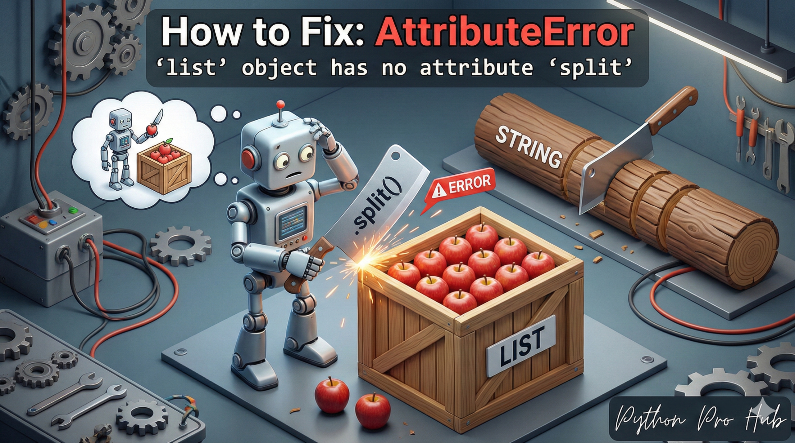 3D illustration of a robot trying to chop a crate instead of the items inside, representing the list object has no attribute split error.