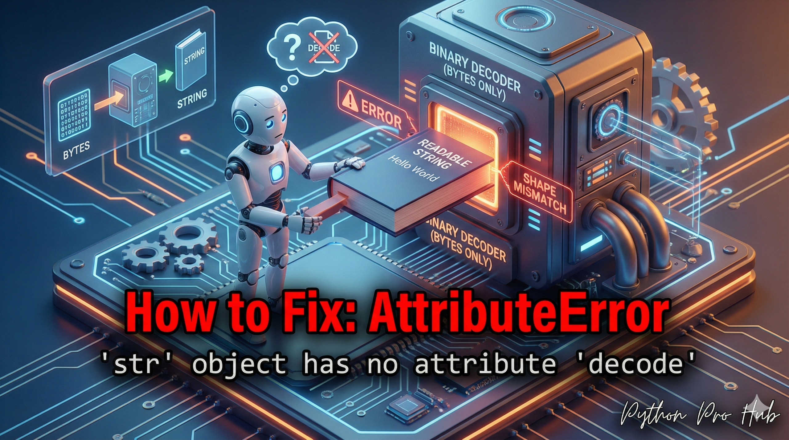 3D illustration of a robot trying to put a book into a binary decoder machine, representing the string object has no attribute decode error or AttributeError str decode.