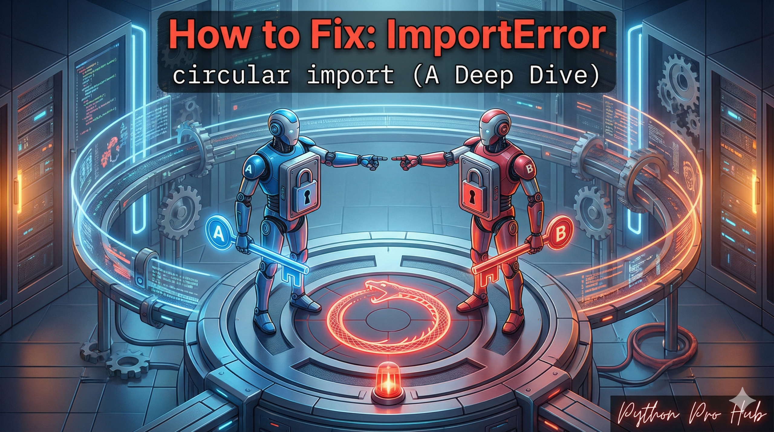 3D illustration of two robots waiting for each other's keys in a circle, representing the circular import error.