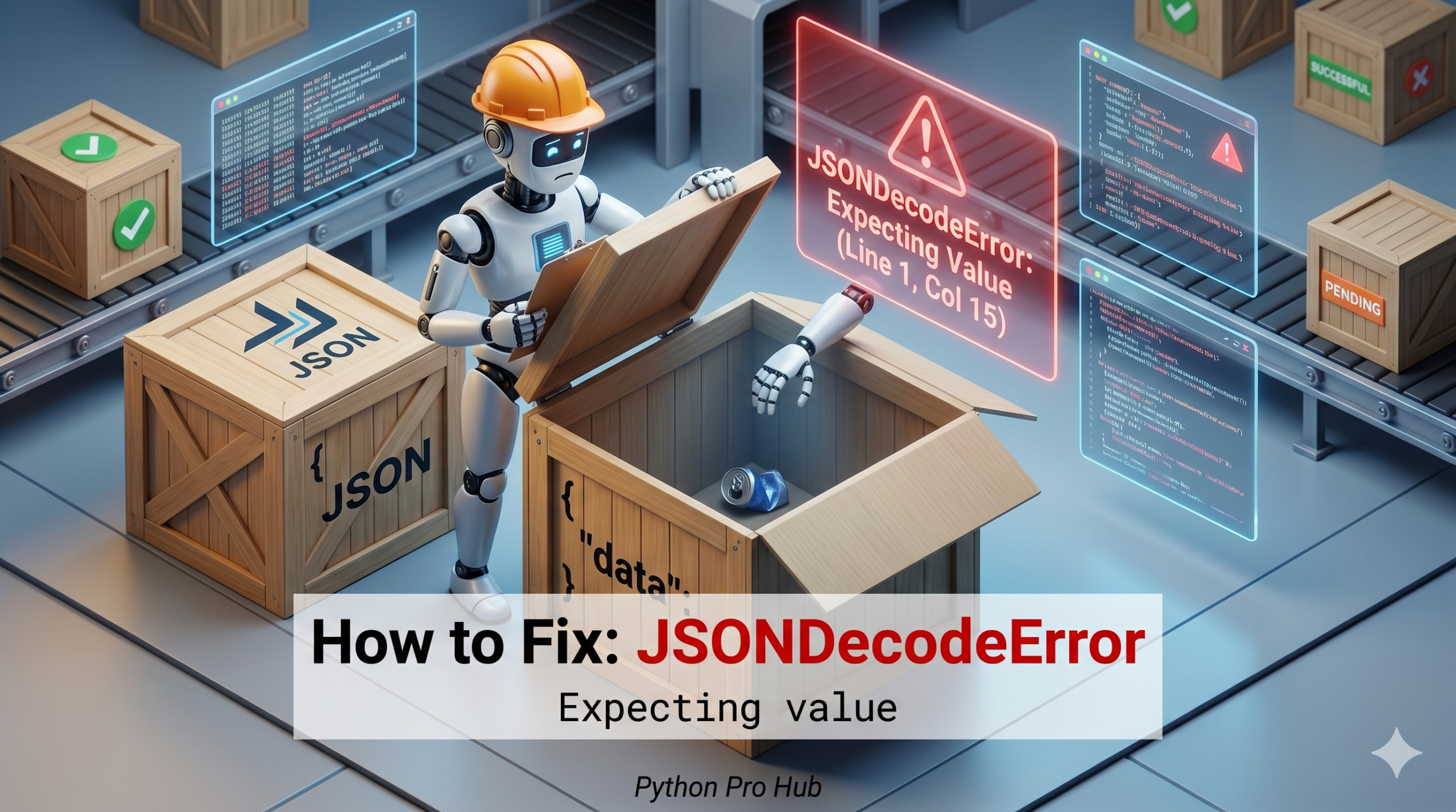 3D illustration of a robot opening a JSON-labeled box expecting data but finding it completely empty, representing the JSONDecodeError expecting value.