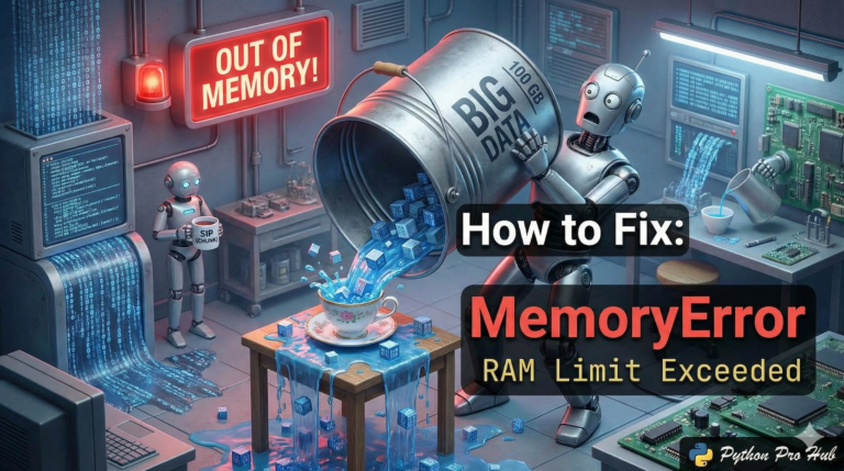 3D illustration of a robot pouring a massive bucket of water into a tiny tea cup causing a spill, representing the Python MemoryError.