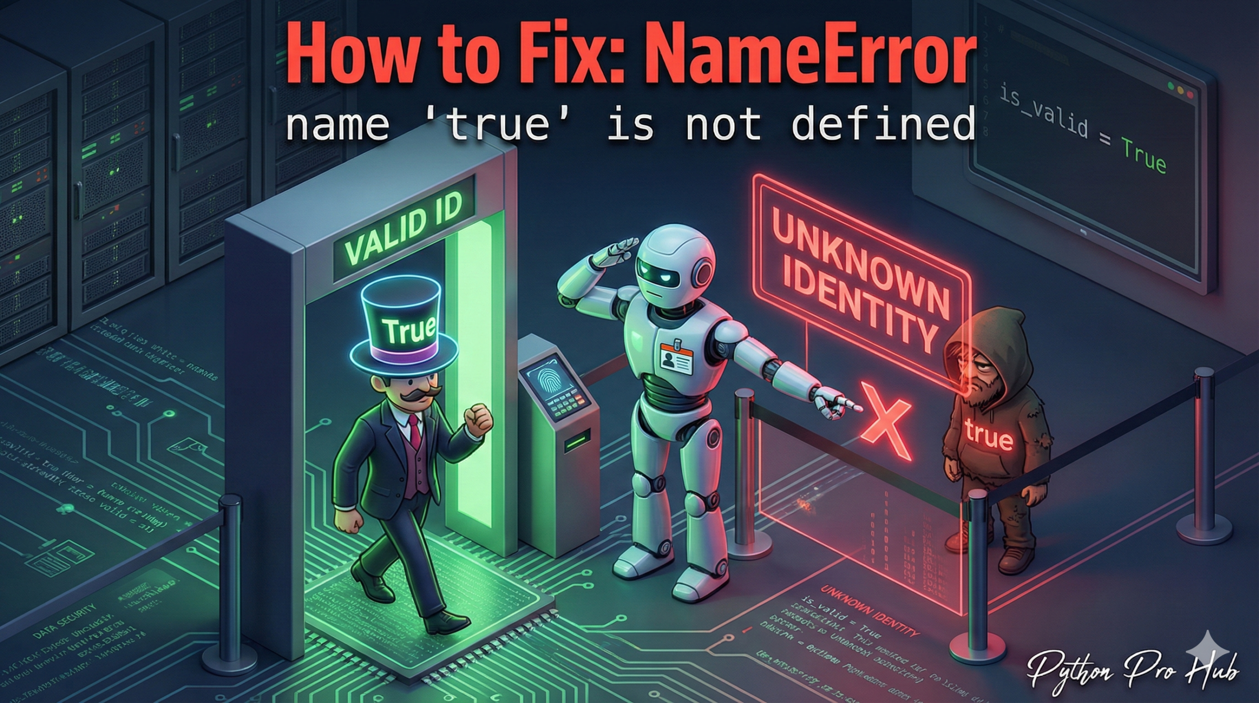 3D illustration of a security guard rejecting a lowercase 'true' character while letting Capitalized 'True' pass, representing the NameError.