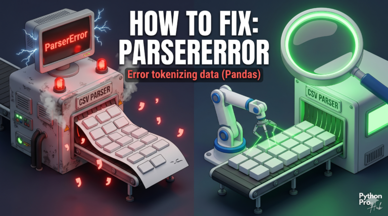 3D isometric illustration of a CSV parsing machine jamming on misaligned data rows, next to a solution where a robotic arm perfectly aligns the data into a grid to prevent tokenizing errors pandas ParserError.