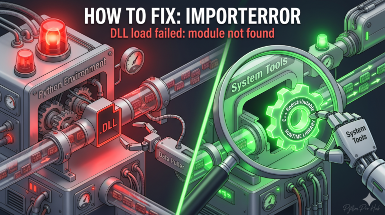 3D isometric illustration showing a Python engine stopped due to a missing DLL gear, next to a solution where a system tool installs the correct dependency to fix the ImportError.