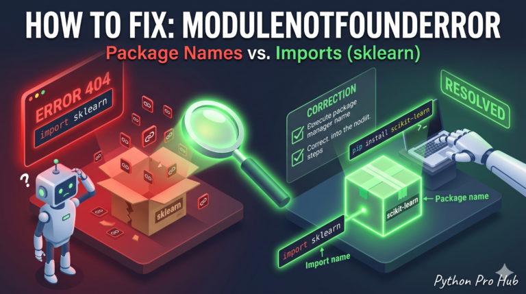 3D isometric illustration of a debugging station, showing a Red Error for import sklearn resolving into a Green checkmark for pip install scikit-learn, symbolizing the fix for ModuleNotFoundError: No module named 'sklearn'.