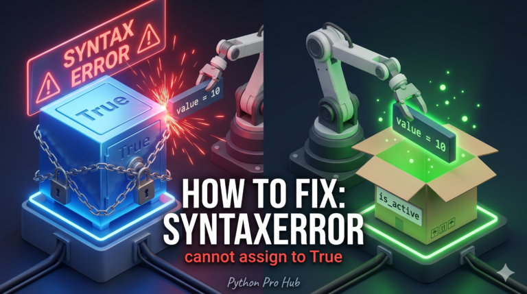 3D isometric illustration of a robot causing a syntax error by trying to force data into a locked vault labeled 'True', next to the correct action of storing data in an open variable box.