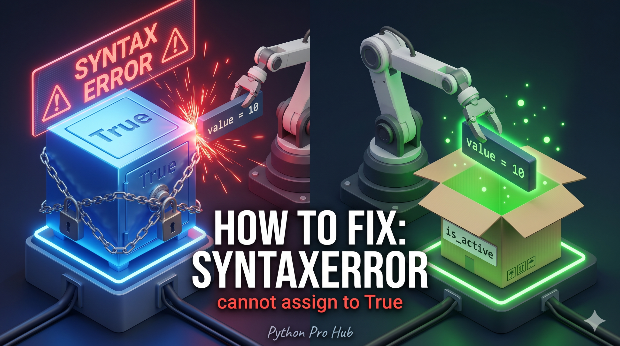 3D isometric illustration of a robot causing a syntax error by trying to force data into a locked vault labeled 'True', next to the correct action of storing data in an open variable box.