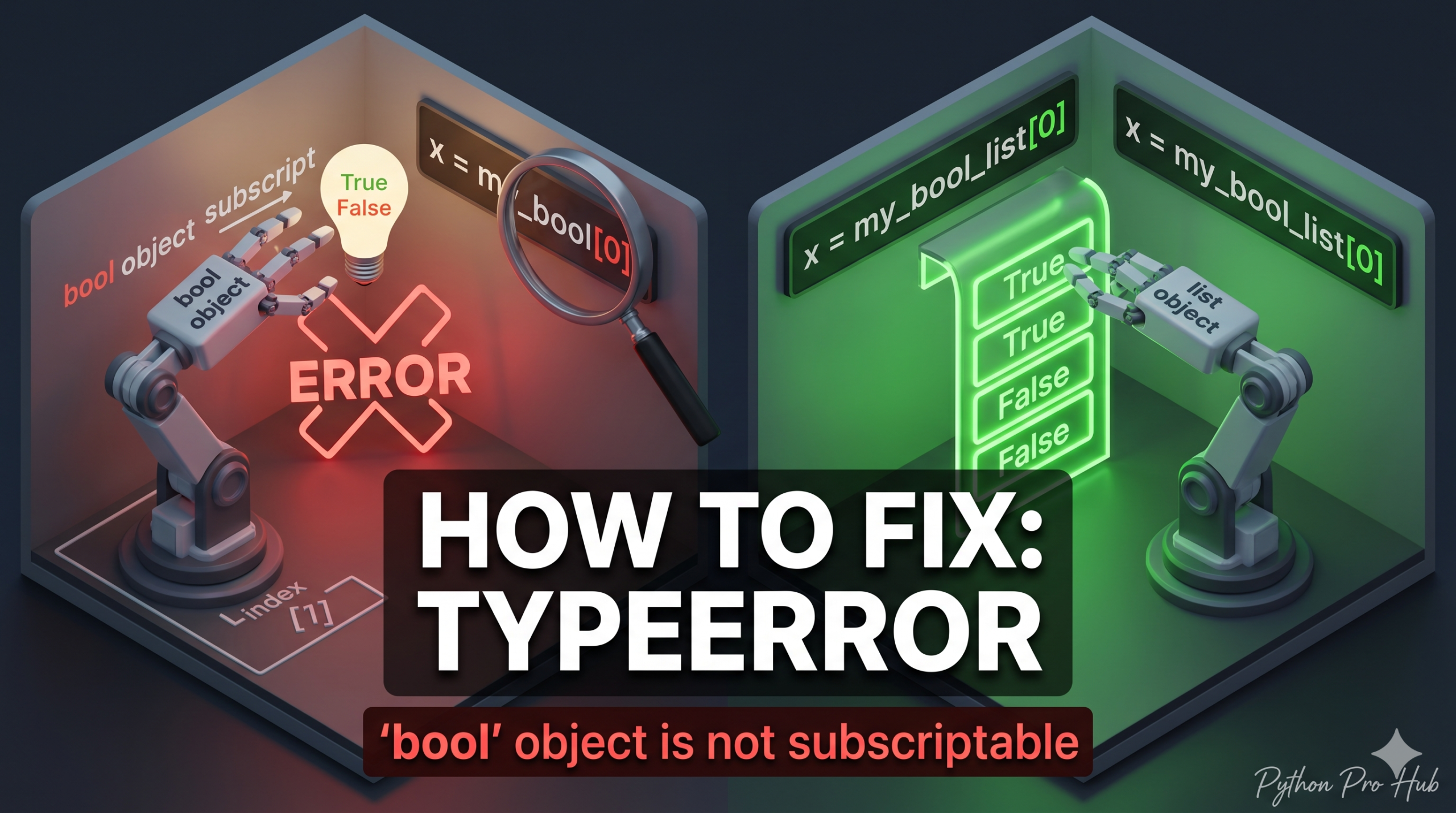 3D isometric illustration of a broken robot arm attempting to access an index on a boolean lightbulb, next to a working arm correctly accessing a list, symbolizing the fix for TypeError: 'bool' object is not subscriptable.