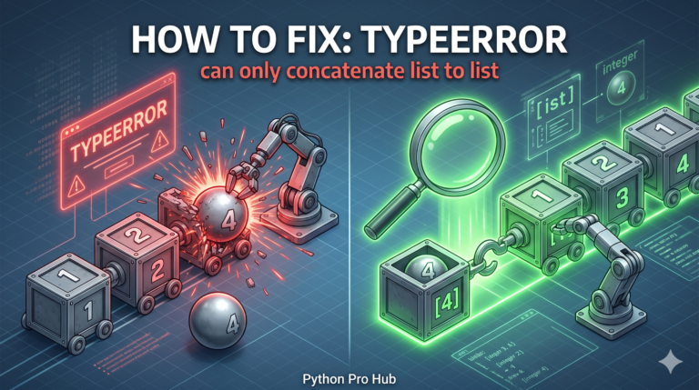 3D isometric illustration of a robot causing a TypeError by trying to attach a round metal sphere directly to a train of crates, next to the fix of putting the sphere in a crate first.