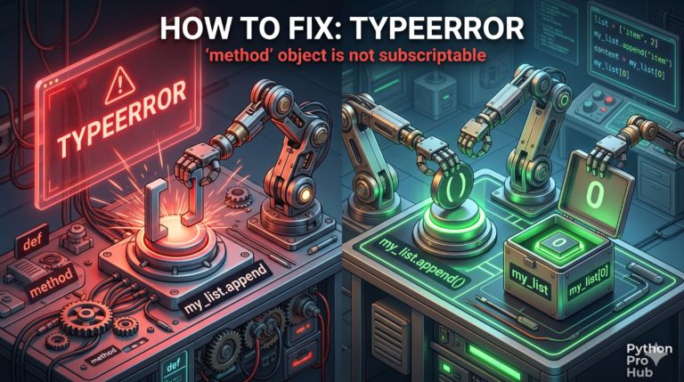 3D isometric illustration of a robot causing an error by using square brackets on a round method button, next to a fix showing parentheses for methods and brackets for lists.