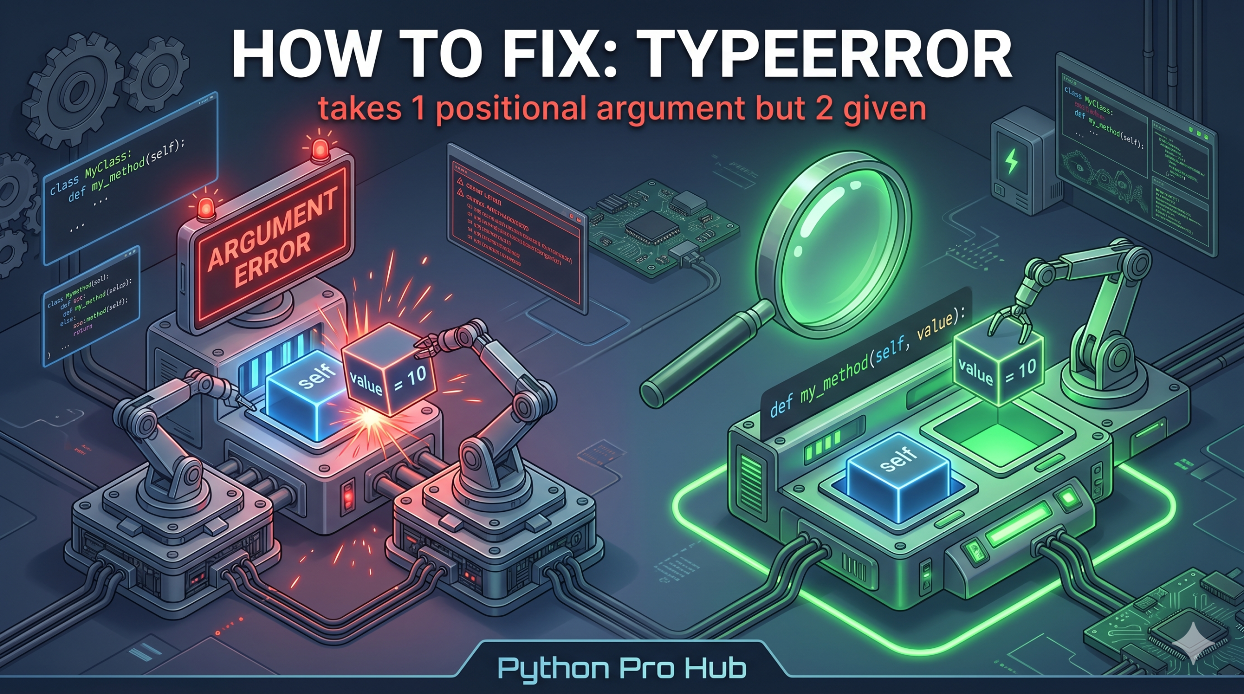 3D isometric illustration of a robot causing an error by trying to push an extra argument into a method machine whose only slot is occupied by 'self', next to a corrected version with an open slot.