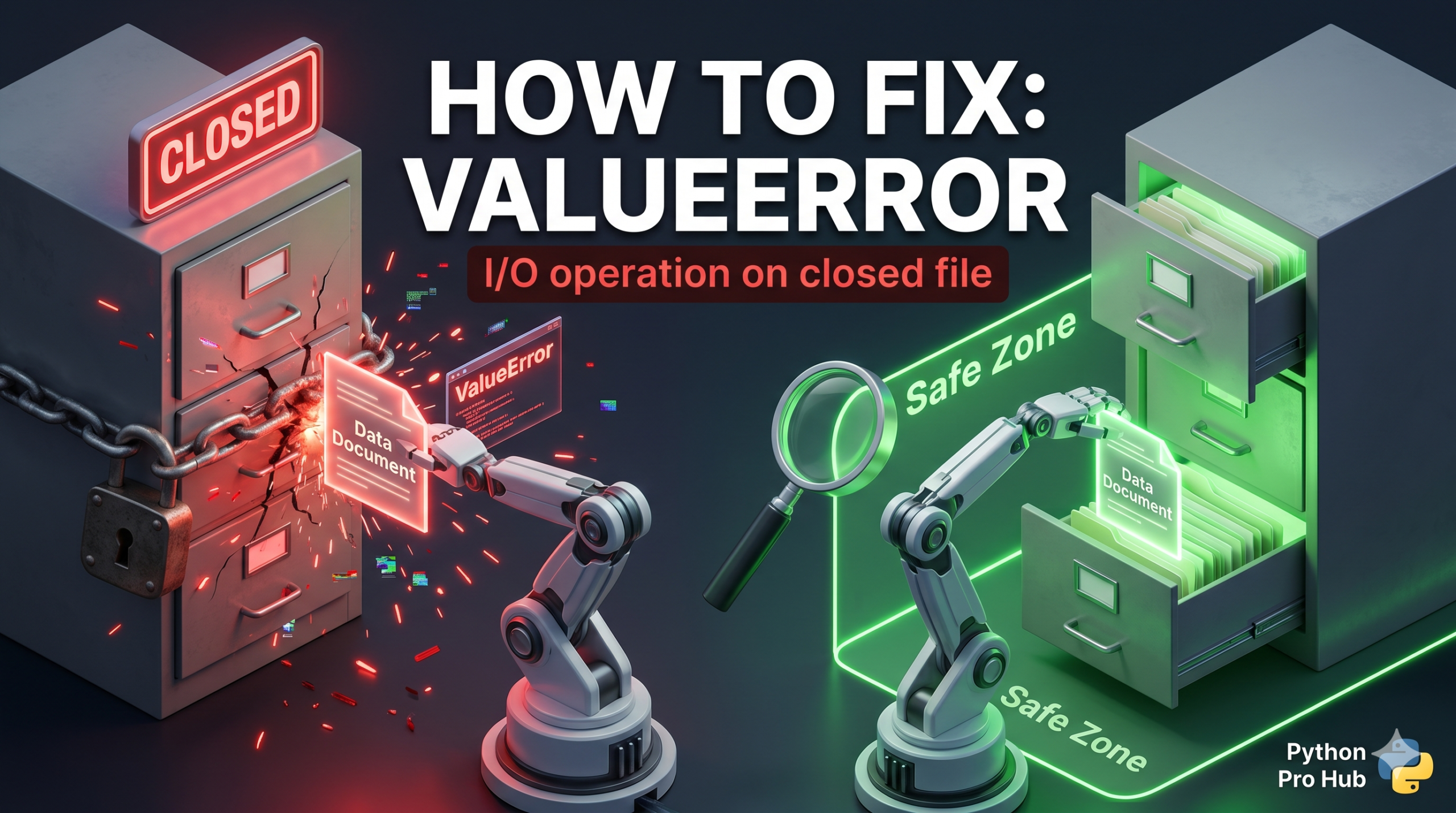 3D isometric illustration of a robot sparking as it tries to shove data into a locked file cabinet, next to a successful operation inside a safe 'with open' zone.