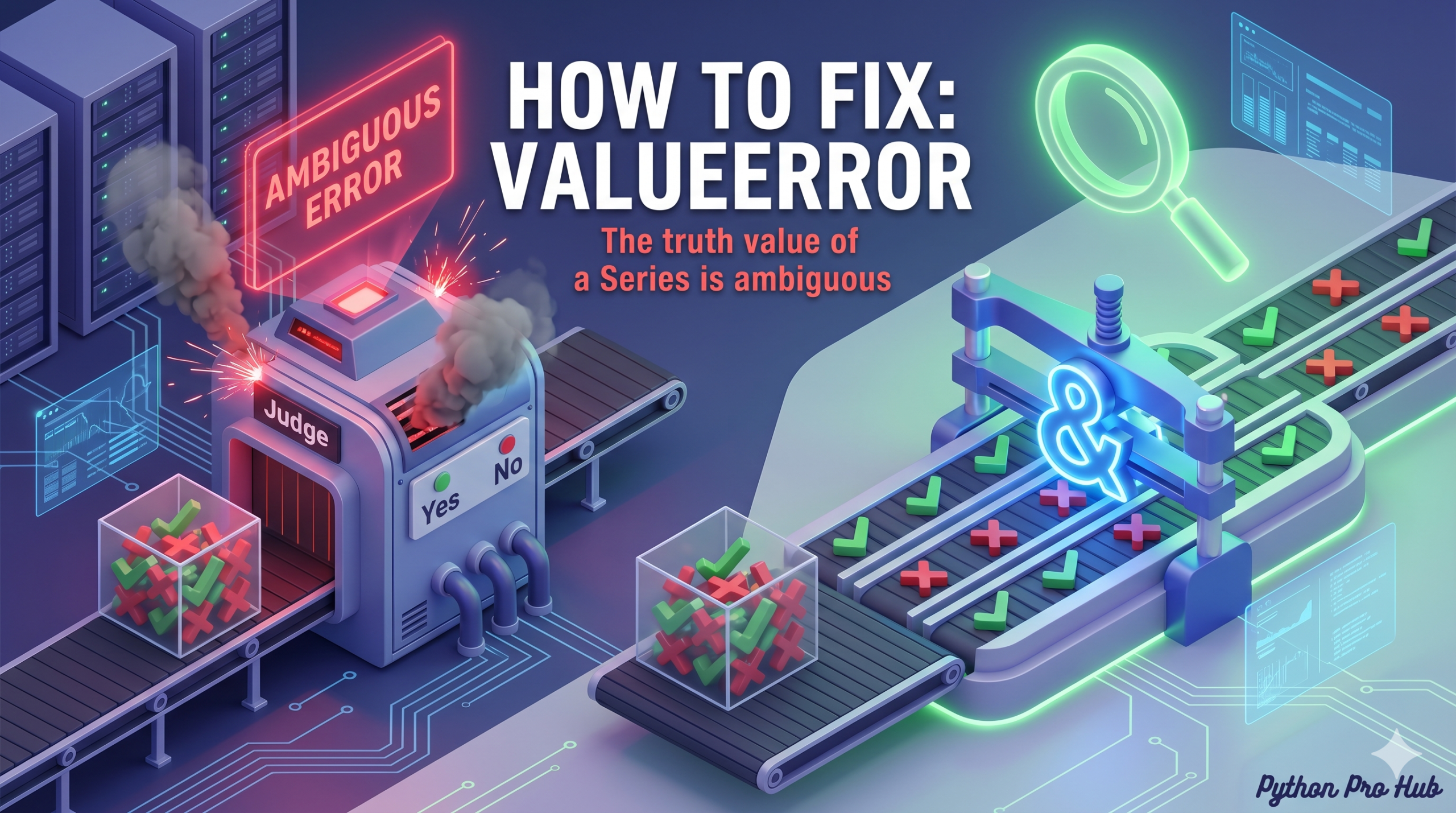 3D isometric illustration of a robotic judge failing to evaluate a box of mixed true/false signals causing an error, next to a multi-lane gate successfully evaluating them one by one using a bitwise operator.