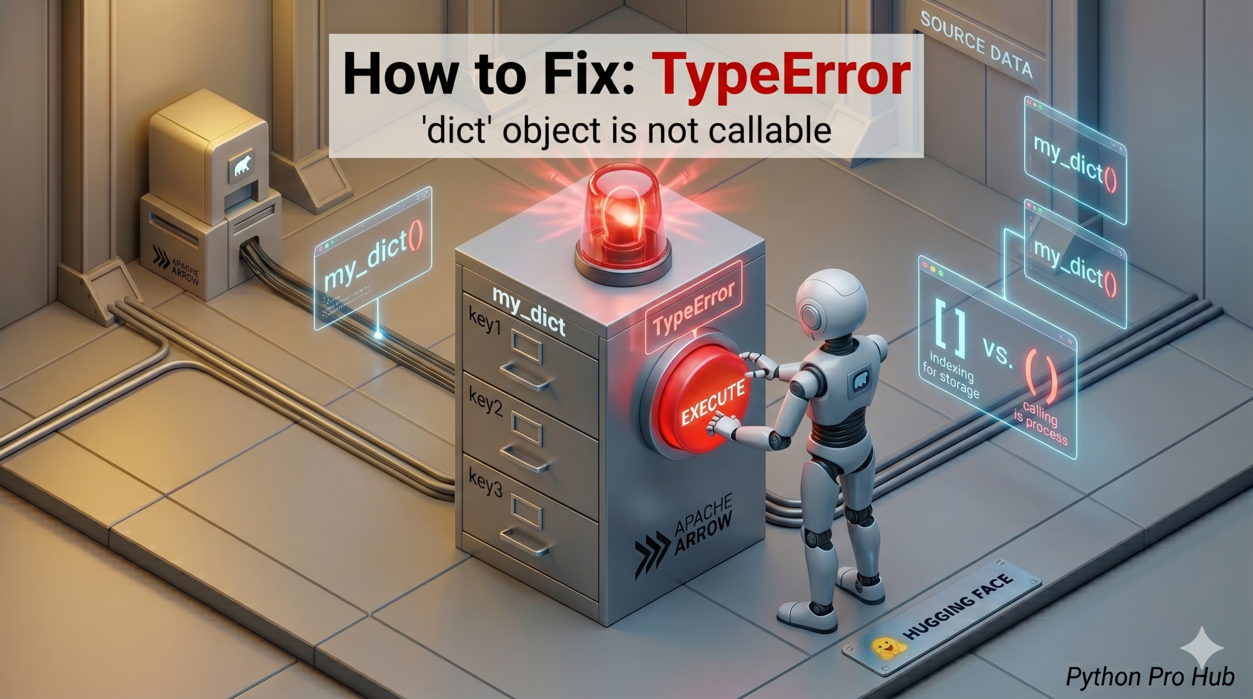 3D illustration of a robot trying to press an execute button on a static filing cabinet, representing the dict object is not callable error.