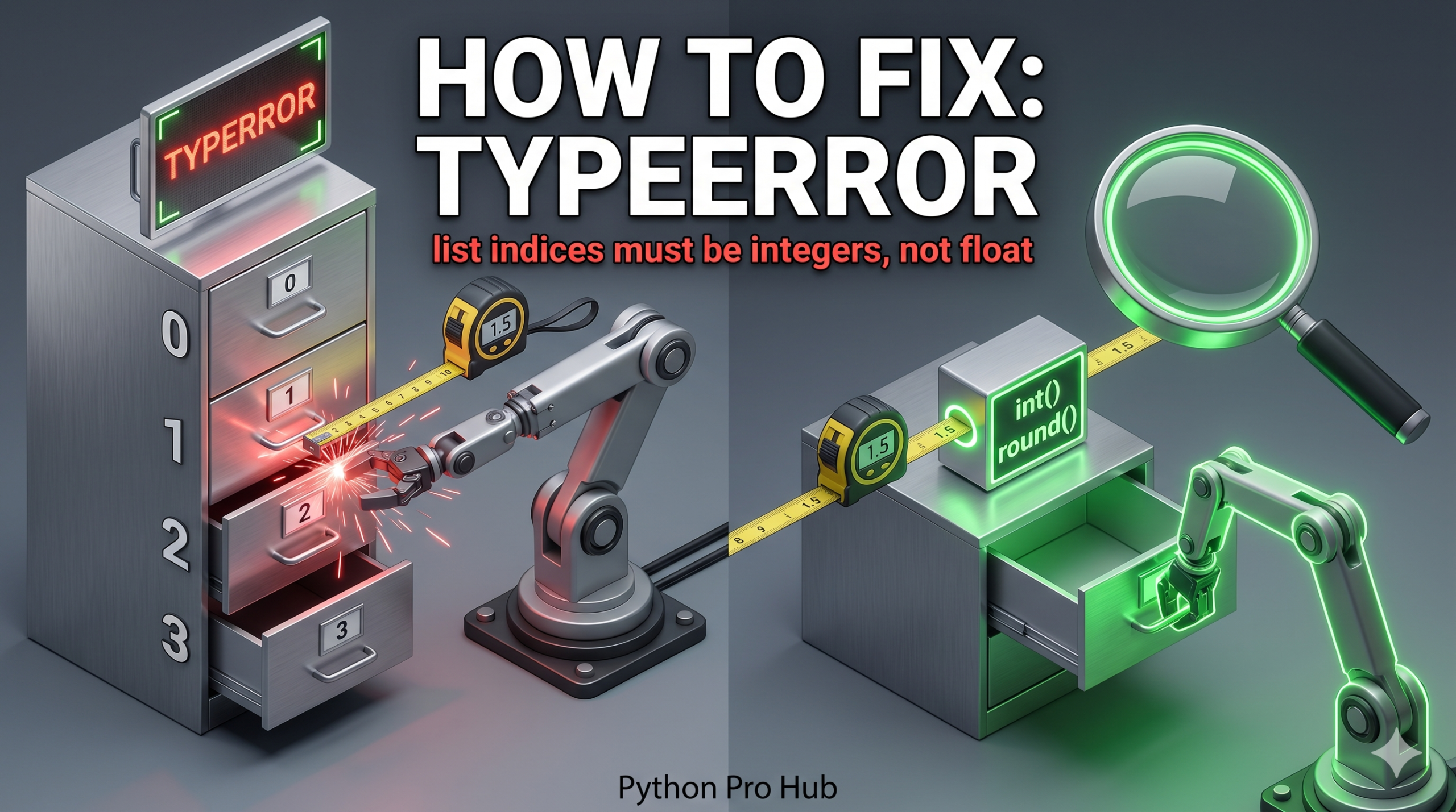 3D isometric illustration of a robot causing an error by trying to open a non-existent drawer at position 1.5, next to a solution where an integer conversion allows it to open a whole drawer.