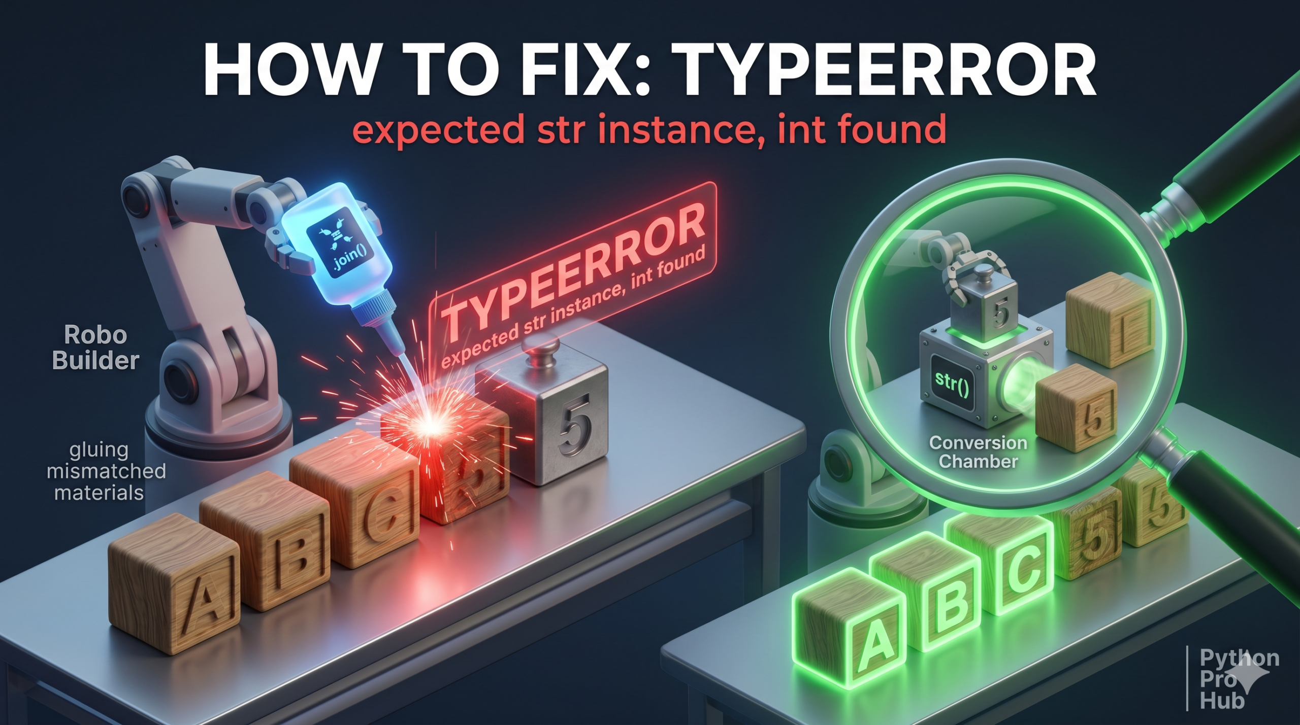 3D isometric illustration of a robot failing to glue wooden string blocks to a metal integer block, next to a solution where the integer is converted to wood before joining, fixing the TypeError.
