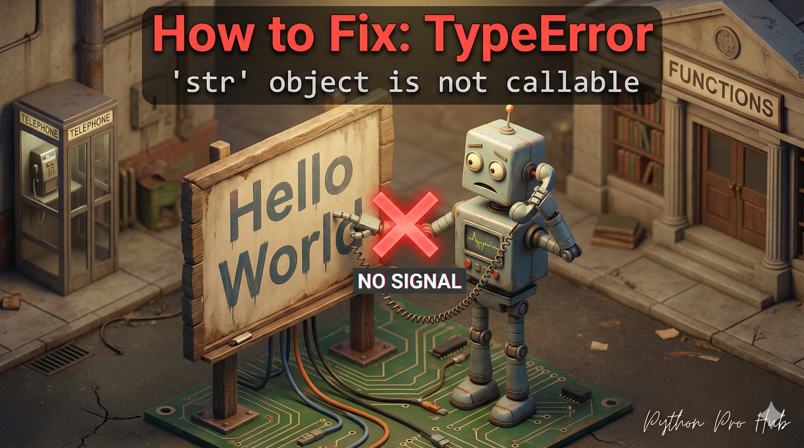 3D illustration of a robot trying to use a billboard sign as a telephone, representing the TypeError str not callable error.
