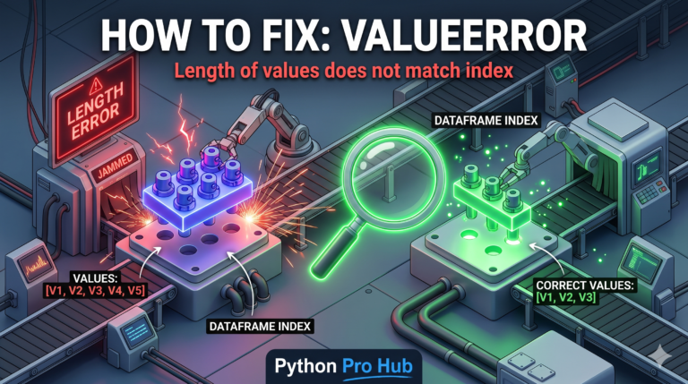 3D isometric illustration of a robot failing to insert a 5-peg block into a 3-hole DataFrame baseplate causing an error, next to a perfectly aligned match showing the fix.