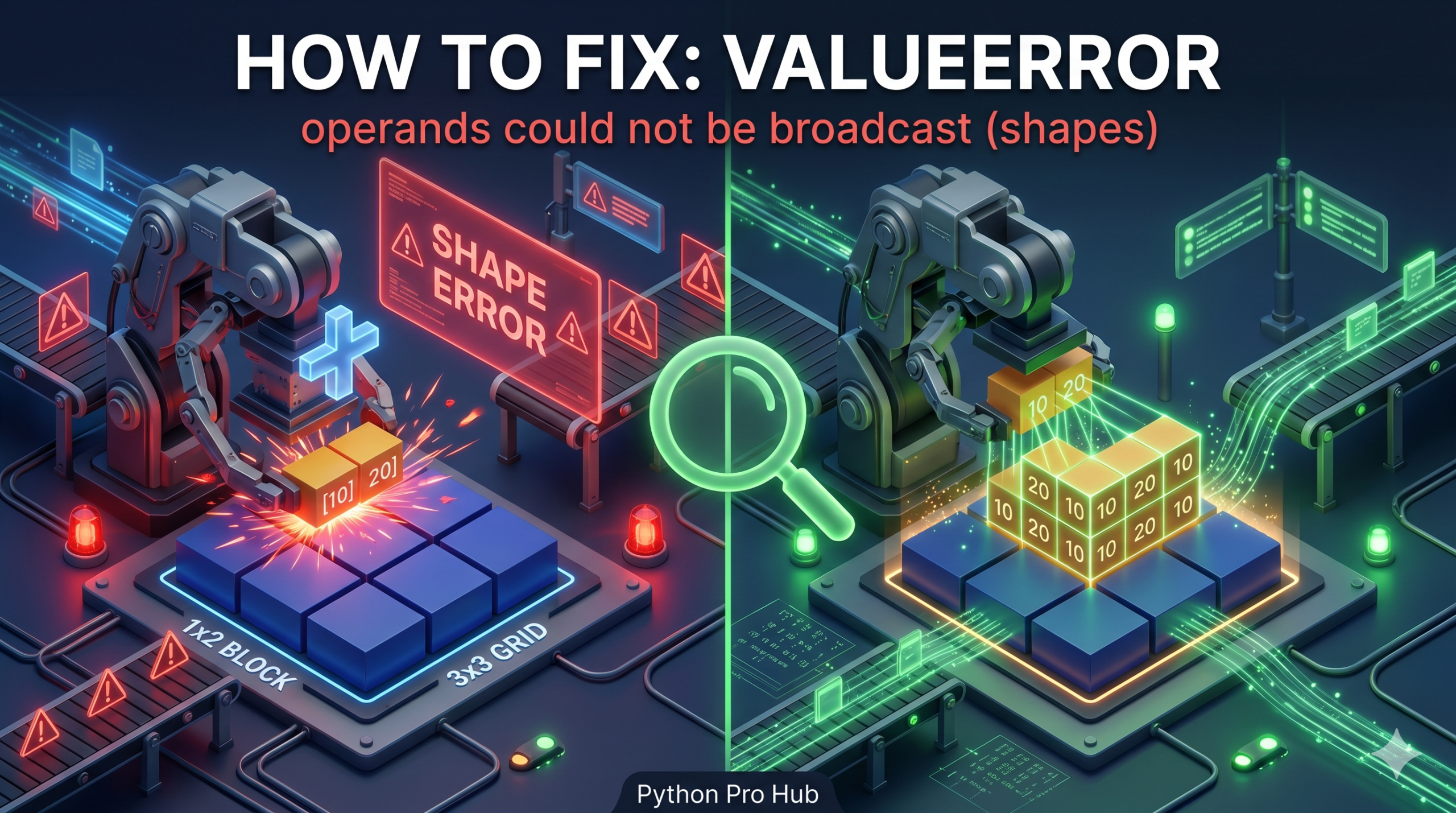 3D isometric illustration of a robotic press failing to merge a 1x2 grid onto a 3x3 grid causing an error, next to a corrected version where the smaller grid is stretched to fit via broadcasting.