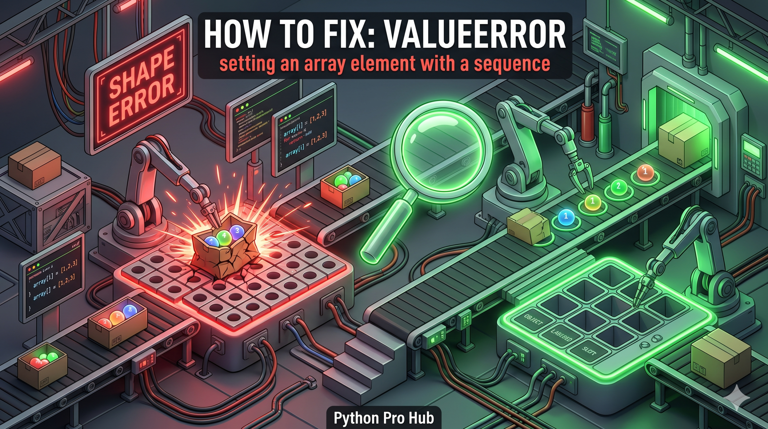 3D isometric illustration of a robotic arm failing to cram a box of multiple items into a single array slot causing an error, next to a successful structural alignment.
