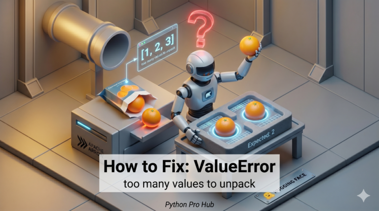 3D illustration of a robot trying to fit three oranges into a tray that only has two slots, representing the ValueError too many values to unpack.