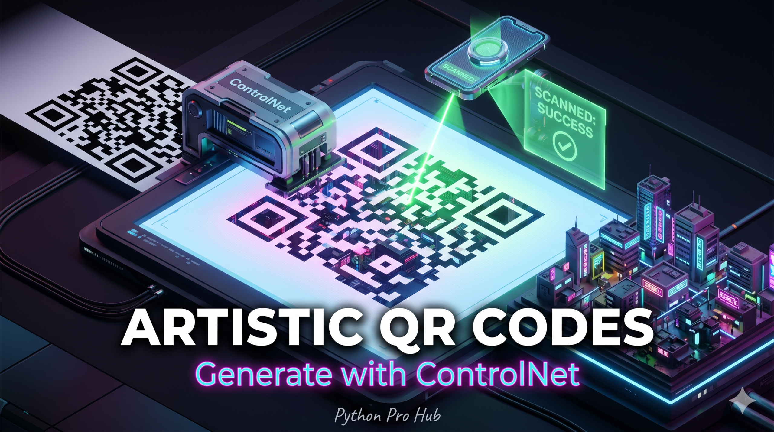3D isometric illustration of a traditional QR code being blended into a detailed futuristic city landscape by a ControlNet AI, while a laser scanner verifies it is still perfectly readable.