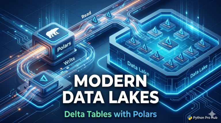 3D isometric illustration of a fast Polars data engine seamlessly reading and writing triangular Delta Lake data blocks into a structured, glowing digital data pool.
