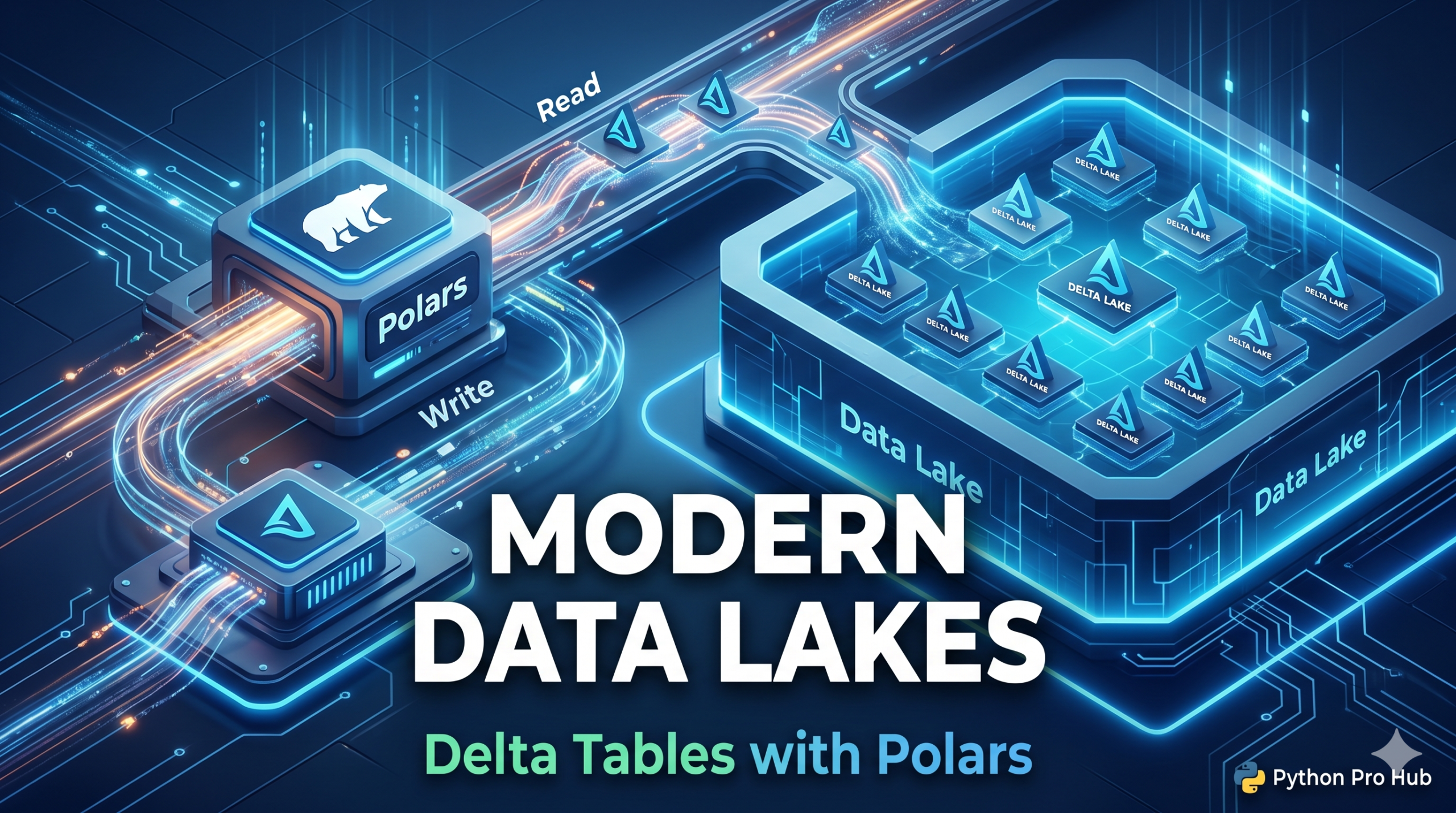 3D isometric illustration of a fast Polars data engine seamlessly reading and writing triangular Delta Lake data blocks into a structured, glowing digital data pool.
