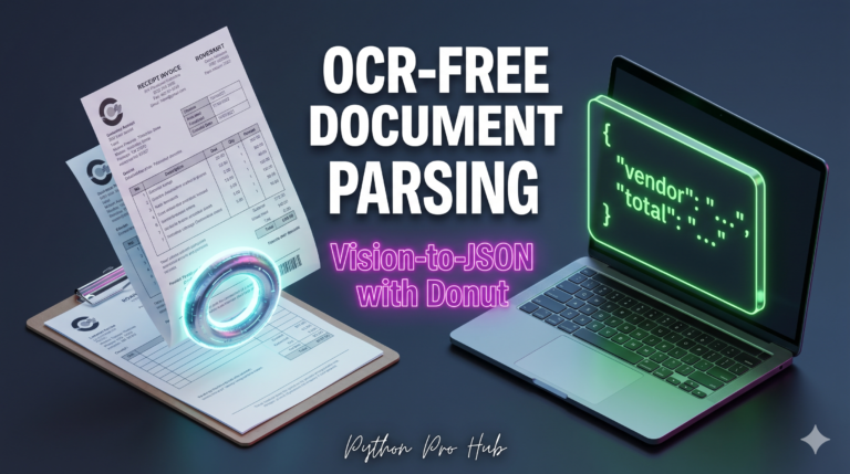 3D isometric illustration of a physical invoice passing through a glowing donut-shaped neural network ring and instantly transforming into structured JSON code with Hugging Face Donut.