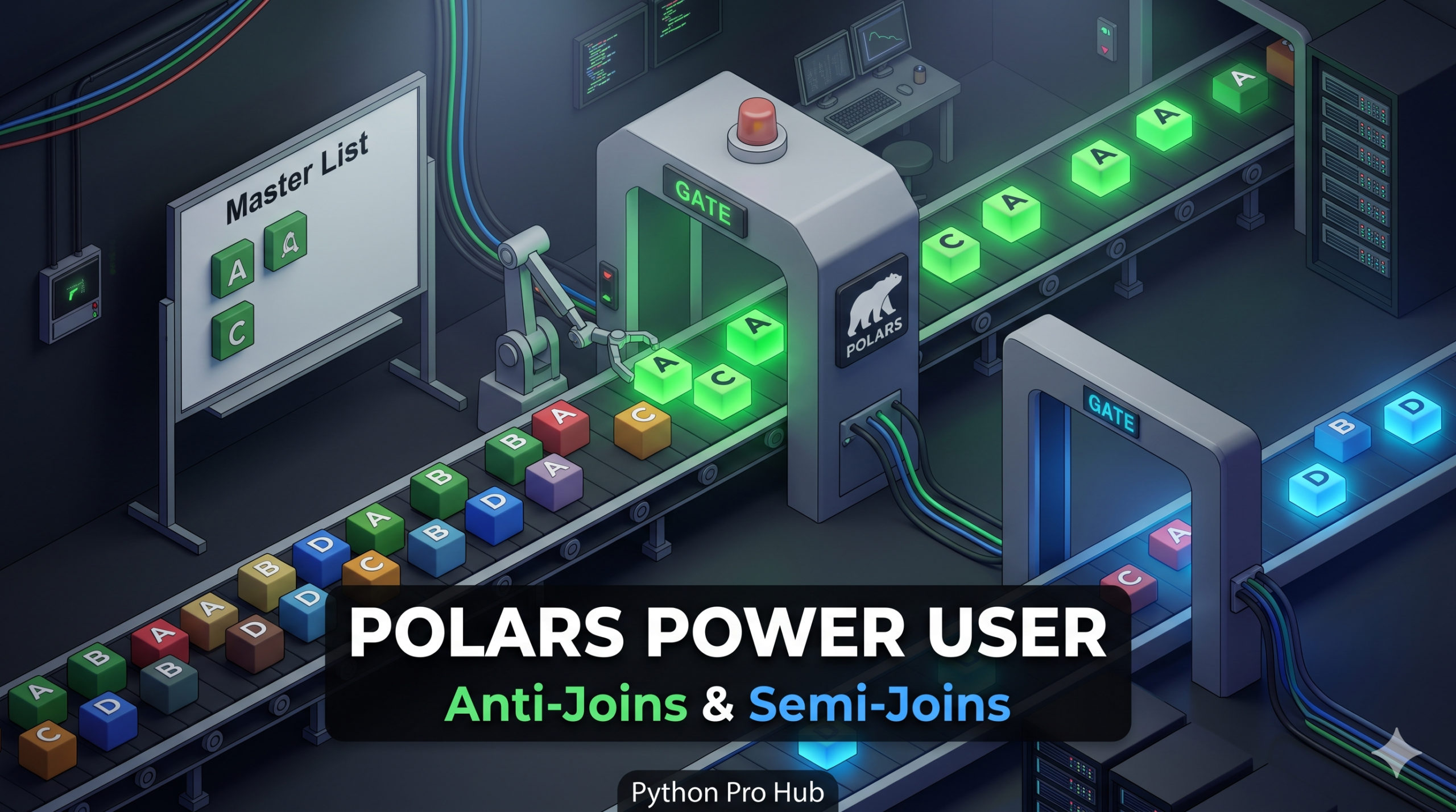 3D isometric illustration of a Polars security gate using a master list to filter incoming data blocks, demonstrating both allowlist (Semi-Join) and blocklist (Anti-Join) logic.
