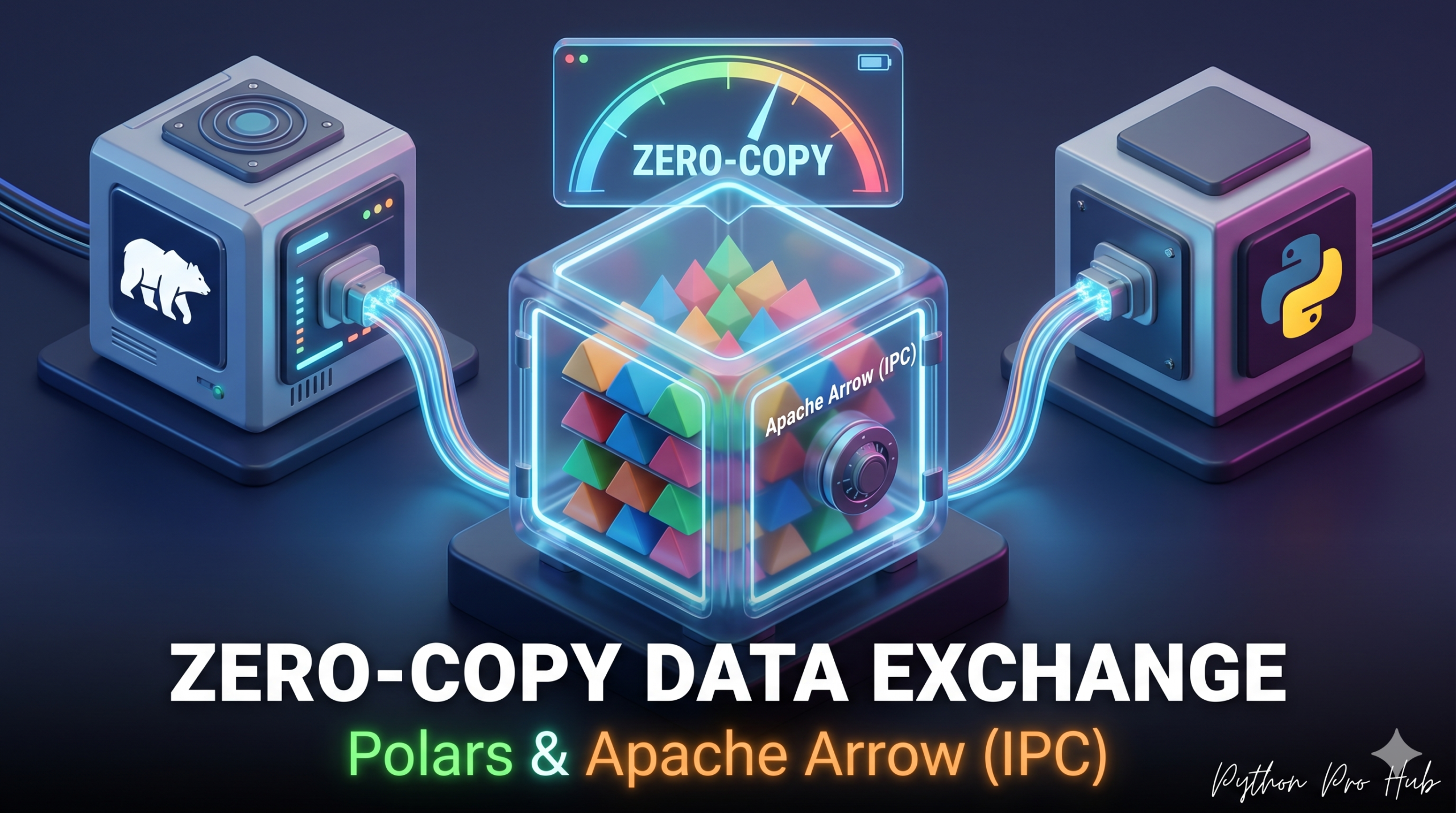 3D isometric illustration of a Polars engine and a generic Python engine simultaneously accessing the same central Apache Arrow memory vault, proving a zero-copy data exchange.