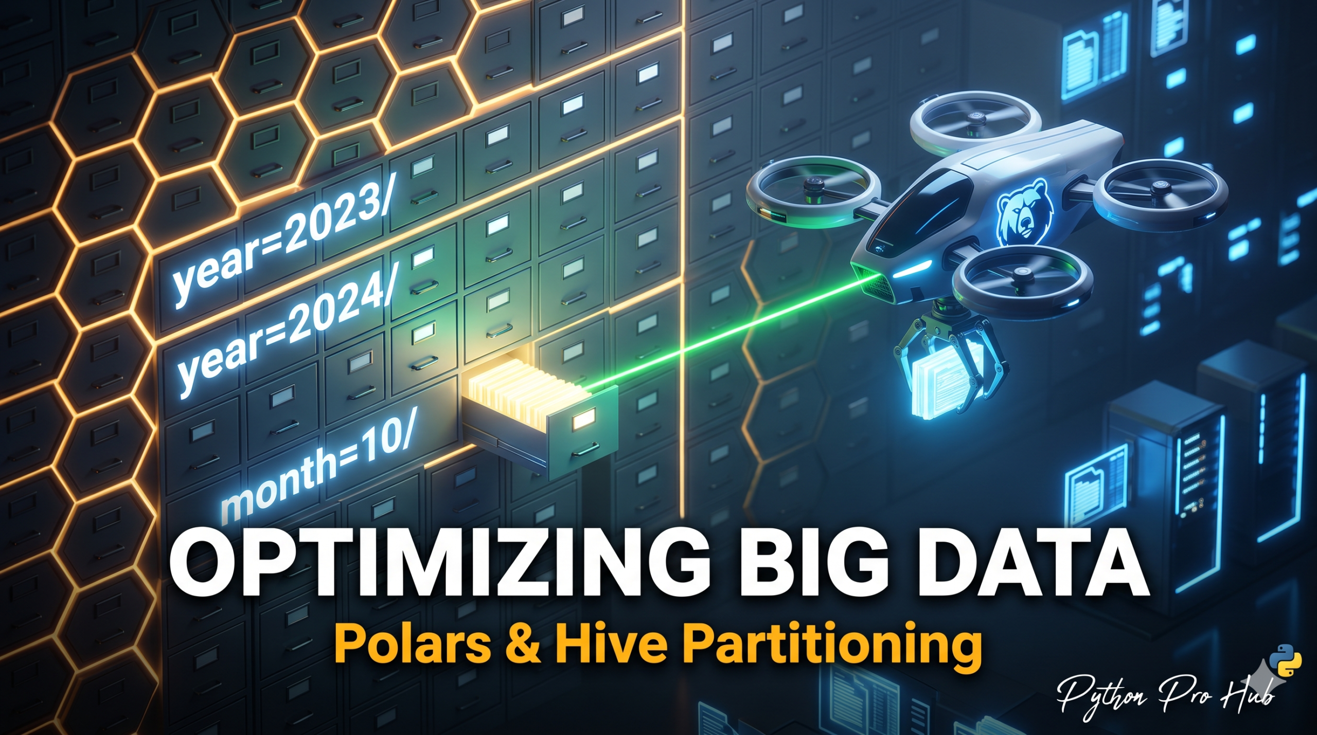 3D isometric illustration of a Polars drone bypassing a massive data warehouse to extract a specific block from a neatly labeled, partitioned honeycomb storage cell.