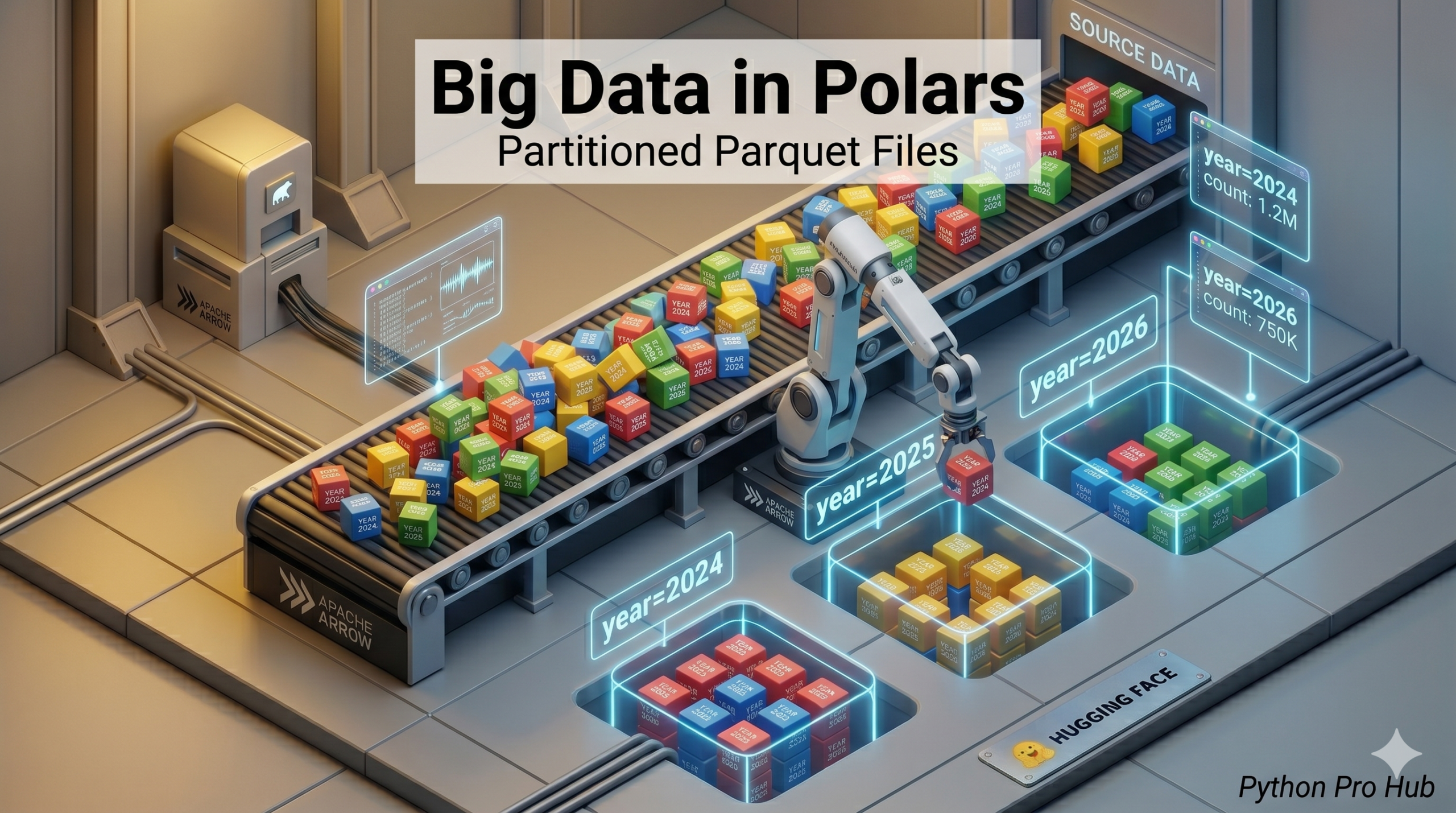 3D visualization of a robotic arm sorting data cubes into separate silos labeled by year, representing Polars partitioned parquet files.