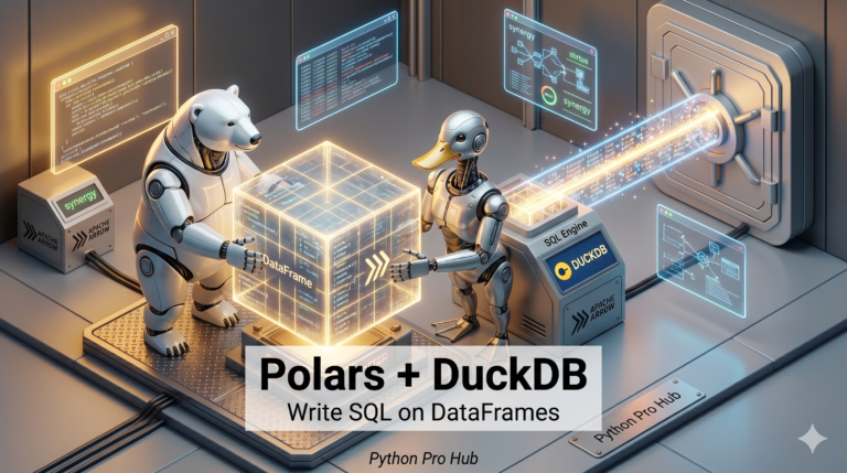 3D visualization of a robotic Polar Bear passing a data block to a high-tech Duck to process through a SQL engine, representing Polars and DuckDB integration.