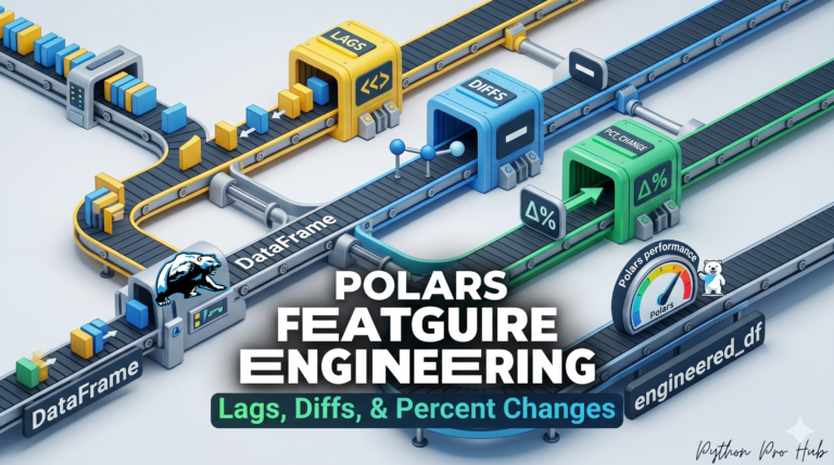 3D isometric illustration of a Polars DataFrame being transformed through specialized factory modules for 'Lags', 'Diffs', and 'Percent Changes', showcasing feature engineering for time-series data.