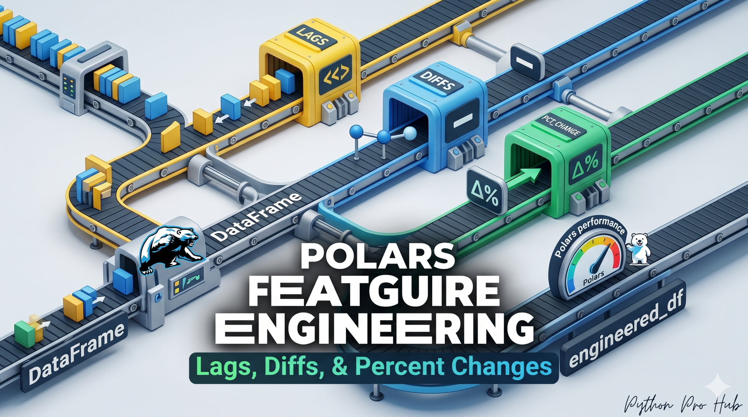 3D isometric illustration of a Polars DataFrame being transformed through specialized factory modules for 'Lags', 'Diffs', and 'Percent Changes', showcasing feature engineering for time-series data.